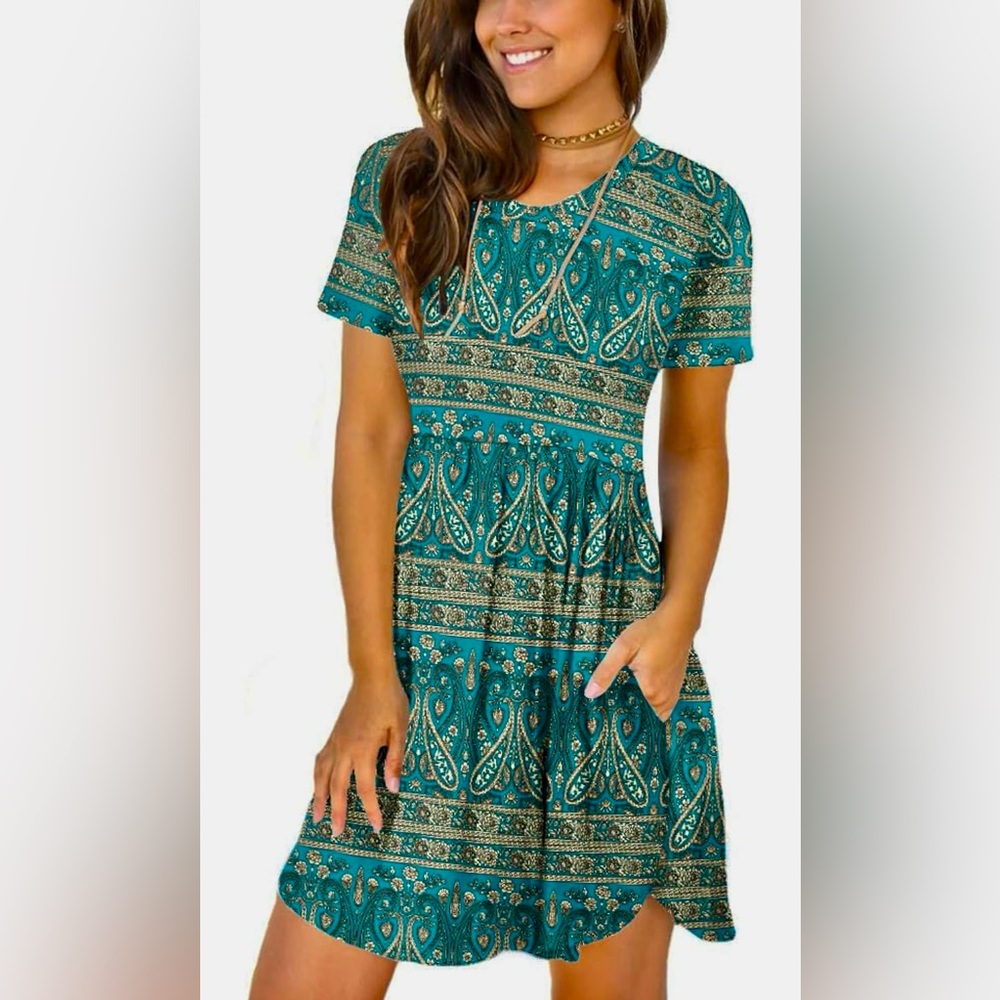 Longyuan Short Sleeve Dress w/ Pockets, Green Print, Size Large, New w/ Tags.